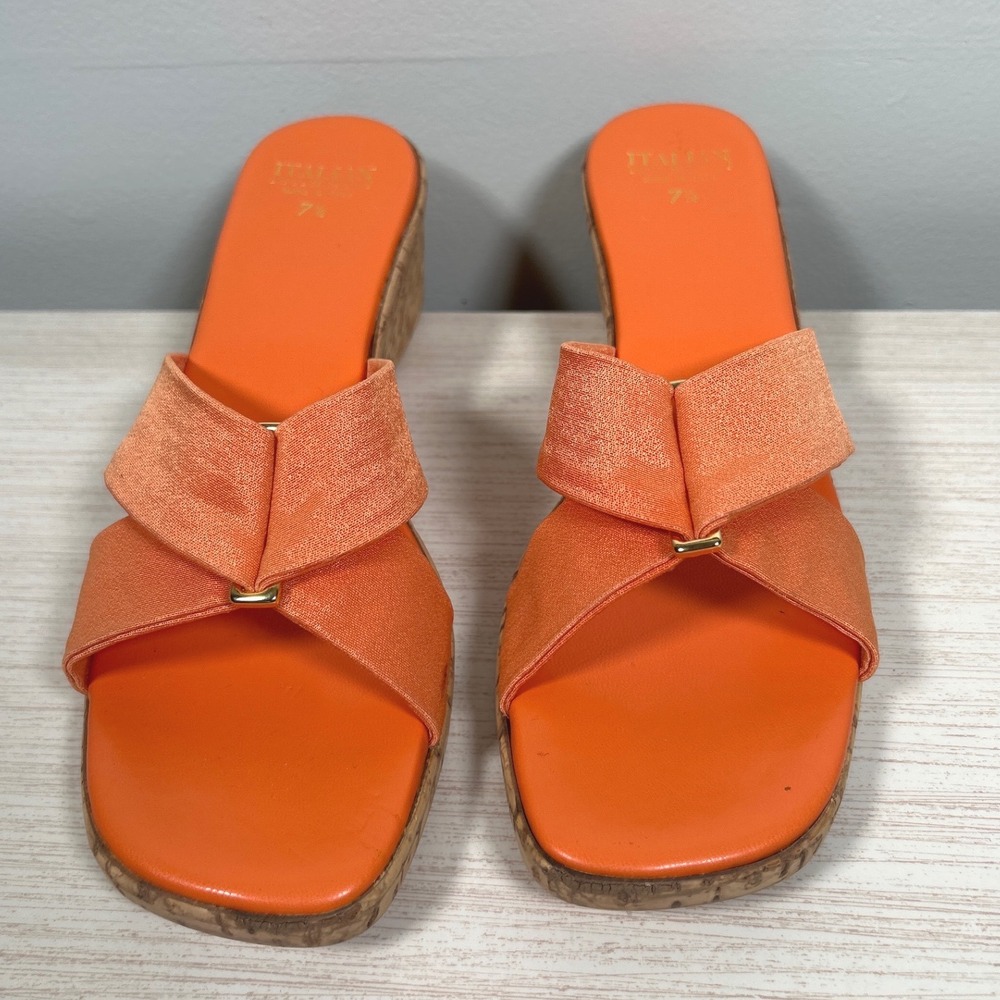 Italian Shoemakers Sandals Orange Cork Look Wedge Italy Womens Crisscross Sz 7.5